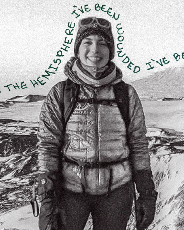 Person in winter clothing standing in a snowy landscape with text overlay.